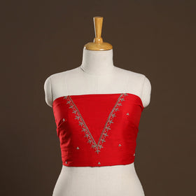 Red - zardozi hand embroidery slub silk plain blouse piece