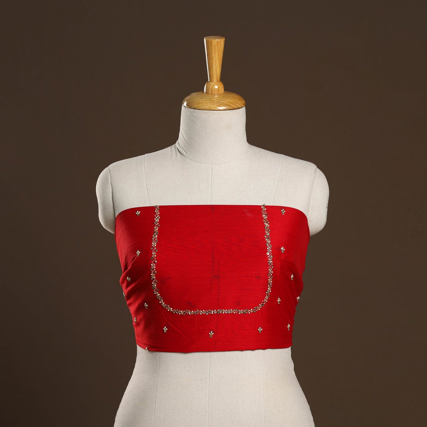 Red - zardozi hand embroidery slub silk plain blouse piece