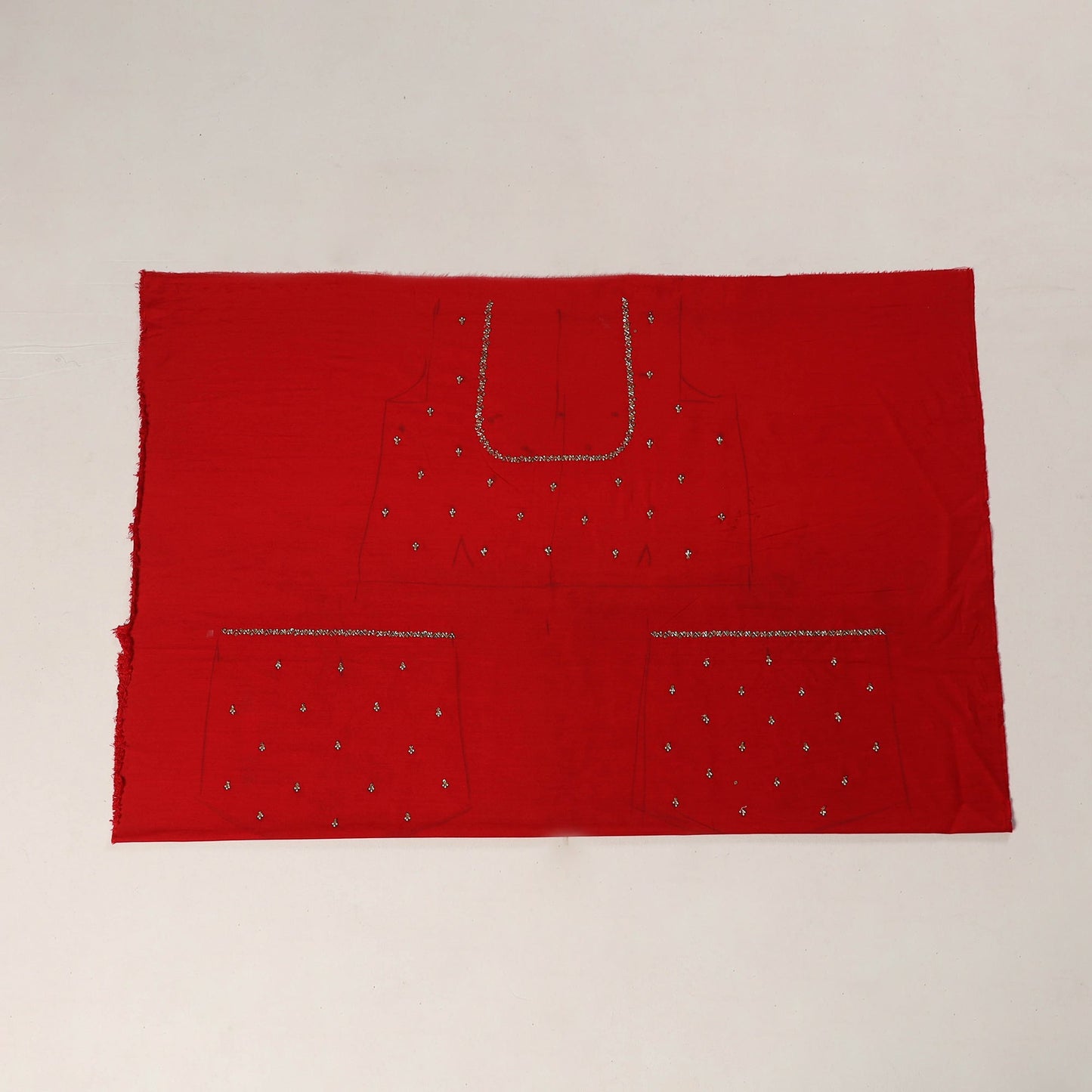 Red - zardozi hand embroidery slub silk plain blouse piece