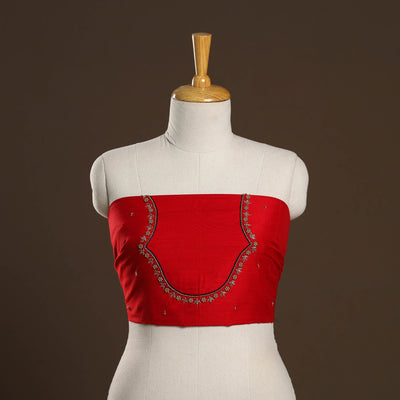 Red - zardozi hand embroidery slub silk plain blouse piece