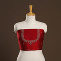 Red - zardozi hand embroidery slub silk plain blouse piece