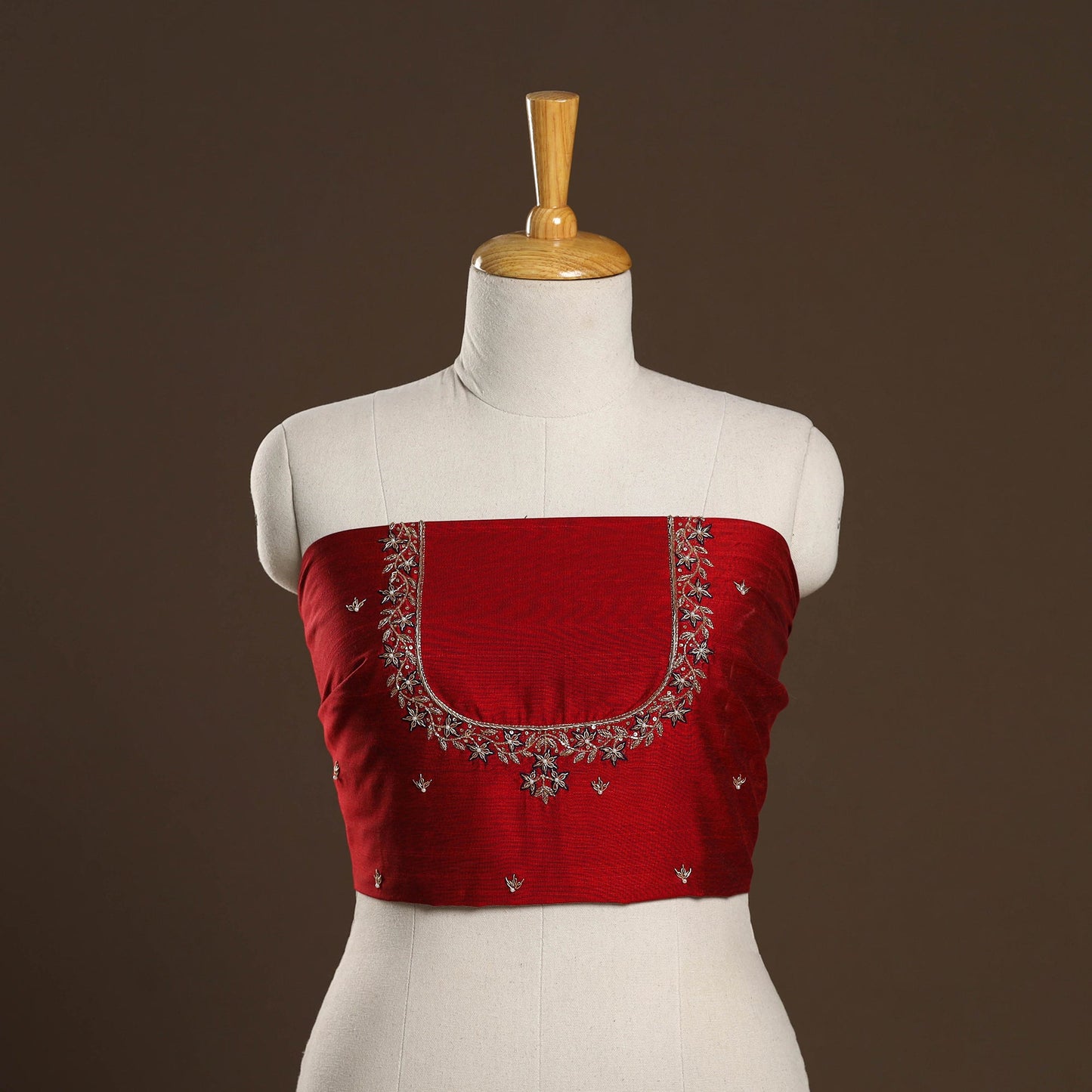 Red - zardozi hand embroidery slub silk plain blouse piece