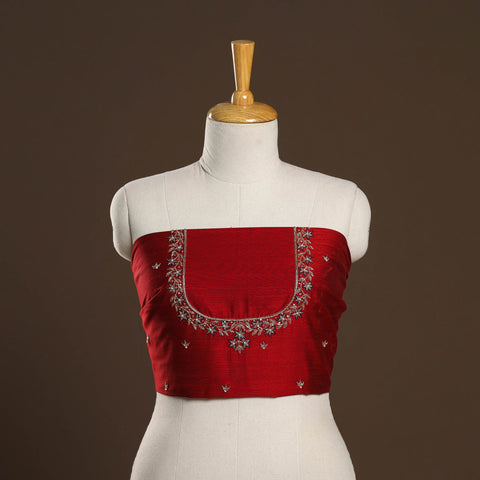 Red - zardozi hand embroidery slub silk plain blouse piece