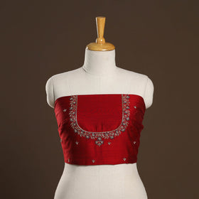Red - zardozi hand embroidery slub silk plain blouse piece