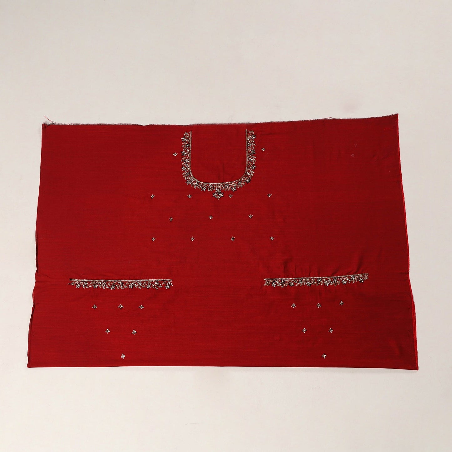 Red - zardozi hand embroidery slub silk plain blouse piece