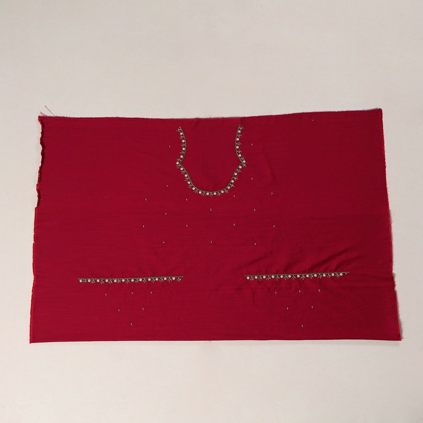 Red - zardozi hand embroidery slub silk plain blouse piece