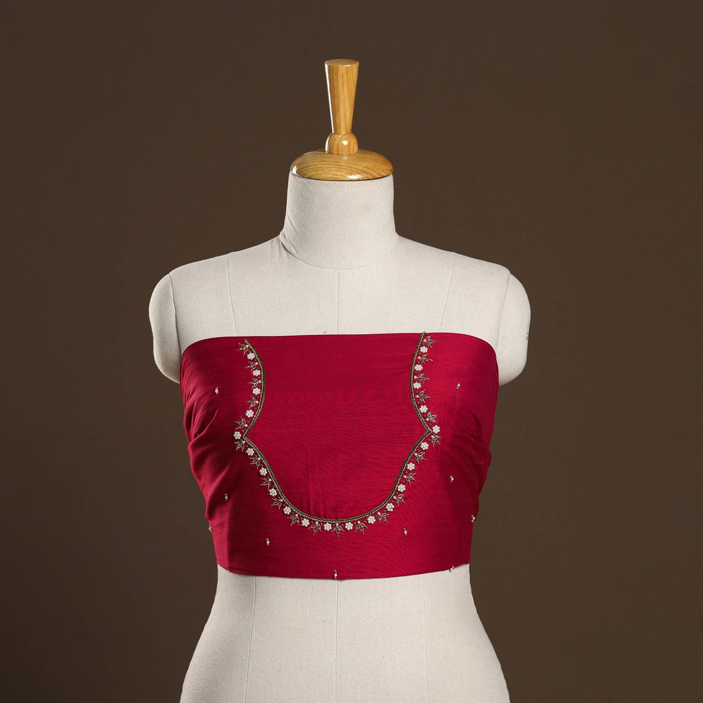 Red - zardozi hand embroidery slub silk plain blouse piece