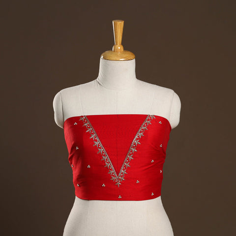 Red - zardozi hand embroidery slub silk plain blouse piece