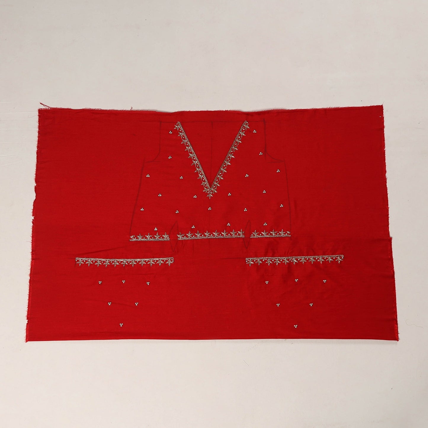 Red - zardozi hand embroidery slub silk plain blouse piece