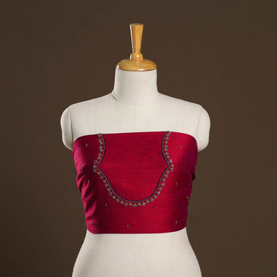 Red - zardozi hand embroidery slub silk plain blouse piece
