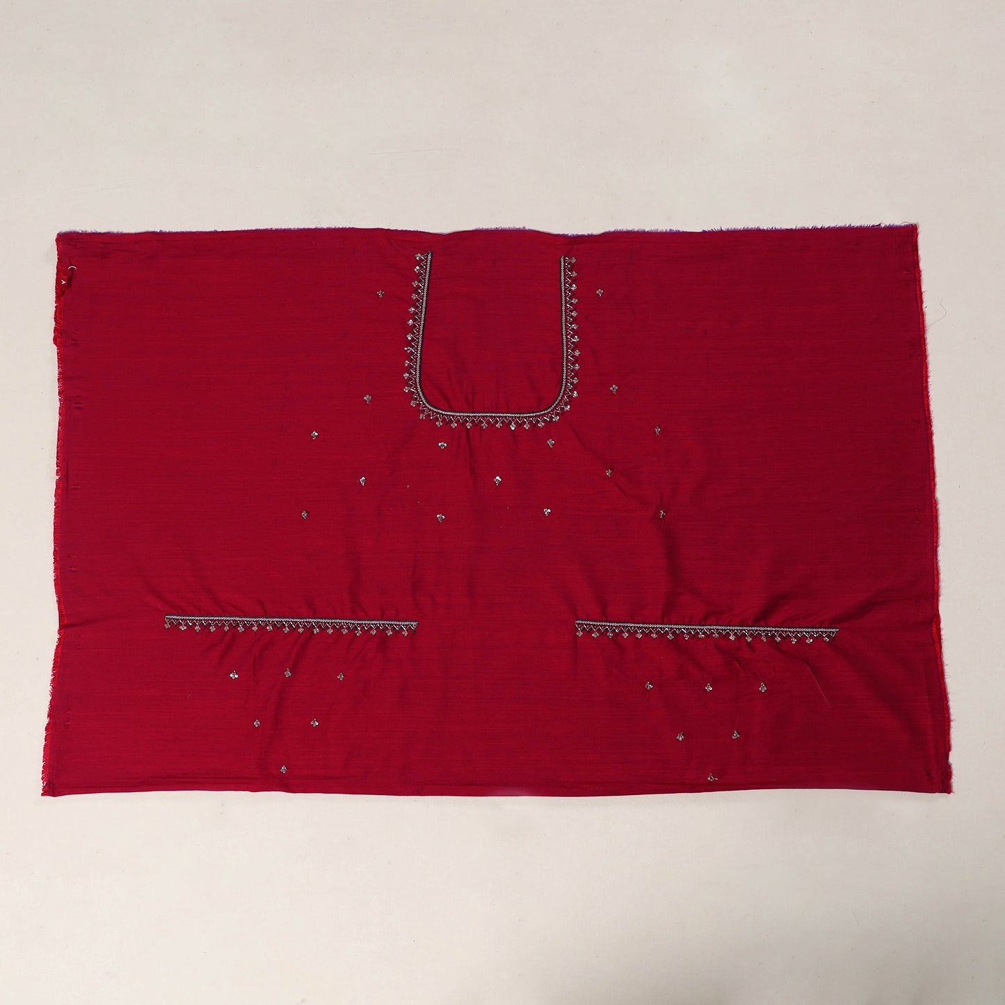 Red - zardozi hand embroidery slub silk plain blouse piece
