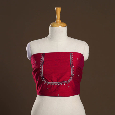 Red - zardozi hand embroidery slub silk plain blouse piece