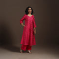 Red Zari Buti A-Line Spun Dupion Silk Kurta Set (Set of 2)