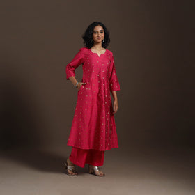 Red Zari Buti A-Line Spun Dupion Silk Kurta Set (Set of 2)