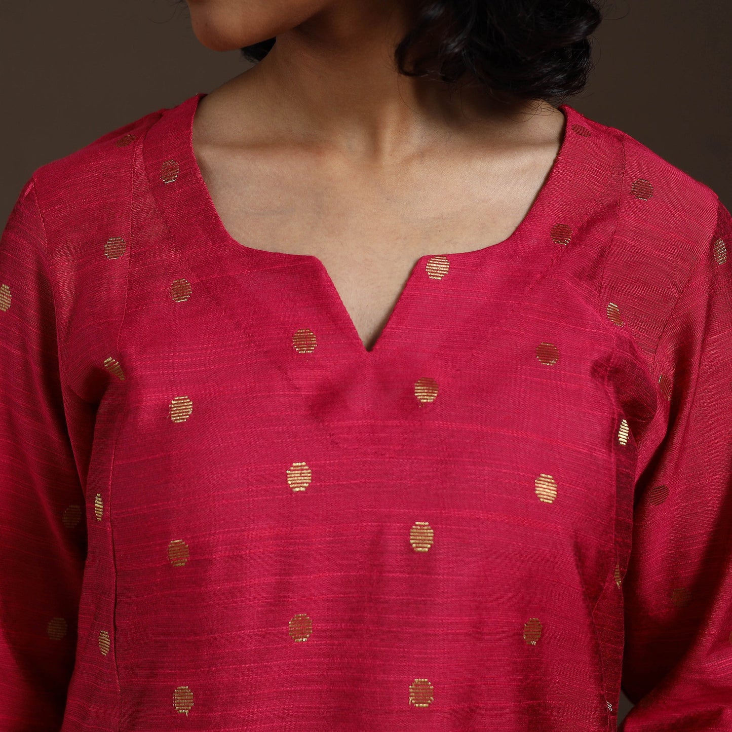 Red Zari Buti A-Line Spun Dupion Silk Kurta Set (Set of 2)