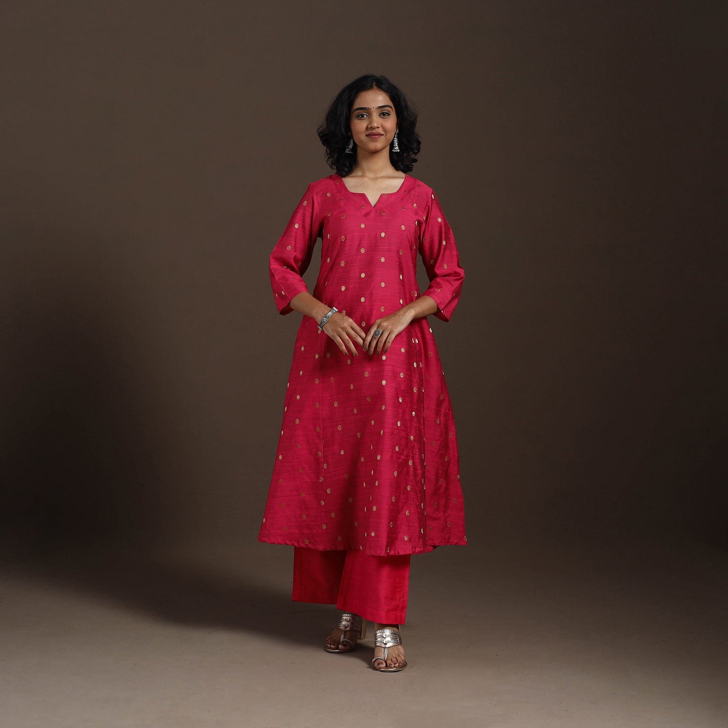 Red Zari Buti A-Line Spun Dupion Silk Kurta Set (Set of 2)