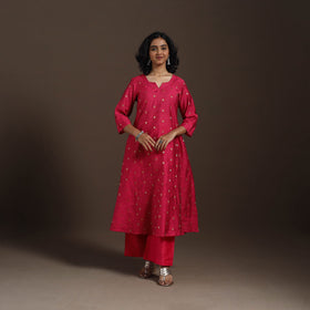Red Zari Buti A-Line Spun Dupion Silk Kurta Set (Set of 2)