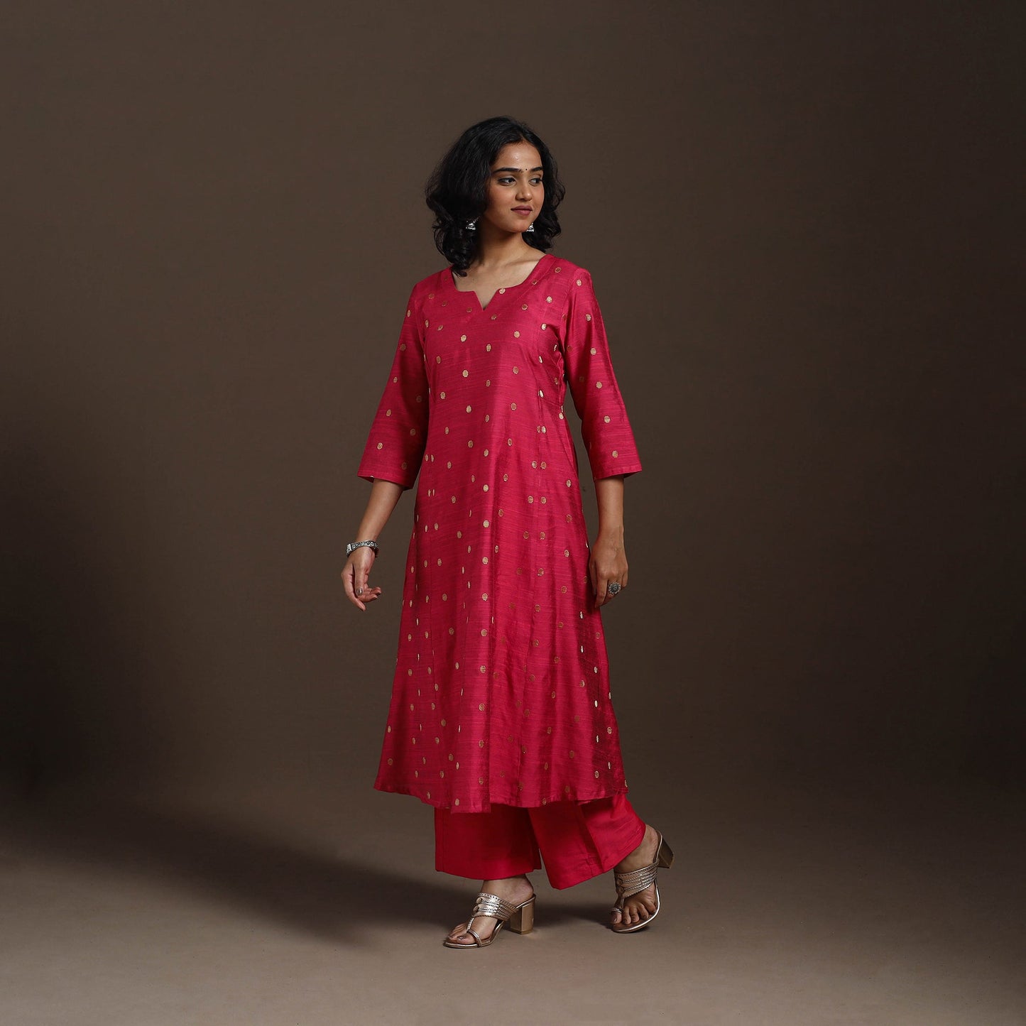 Red Zari Buti A-Line Spun Dupion Silk Kurta Set (Set of 2)