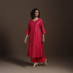 Red Zari Buti A-Line Spun Dupion Silk Kurta Set (Set of 2)