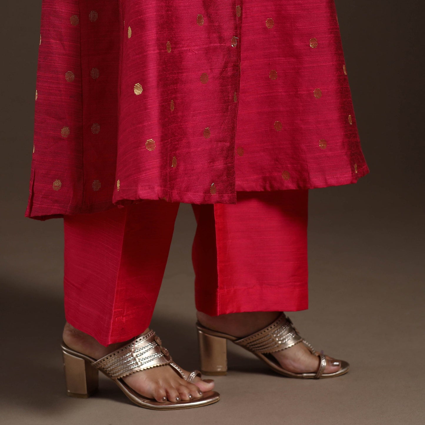 Red Zari Buti A-Line Spun Dupion Silk Kurta Set (Set of 2)
