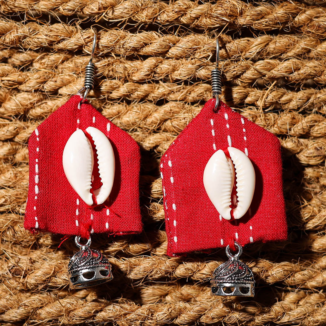 Red - zohra handcrafted gs & shell work fabart earrings