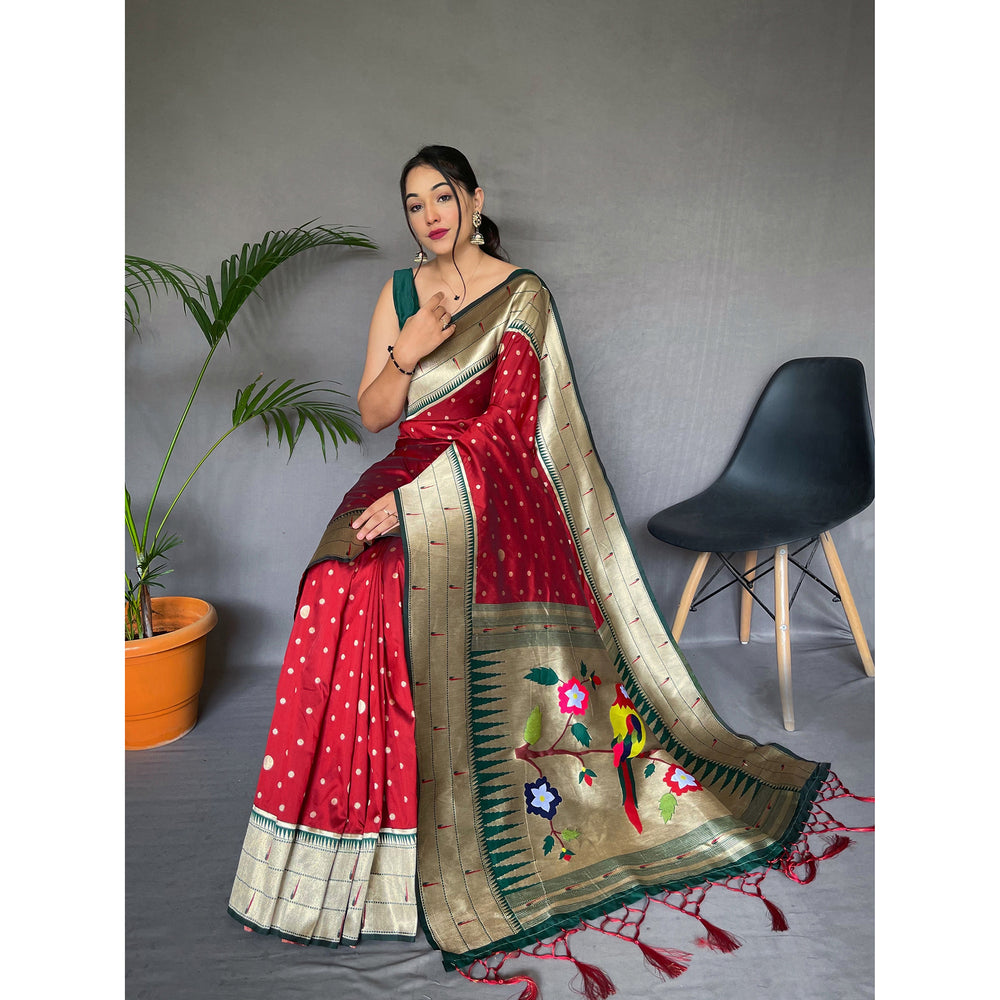 Polka Paithani Red Paithani Silk Handwork Saree