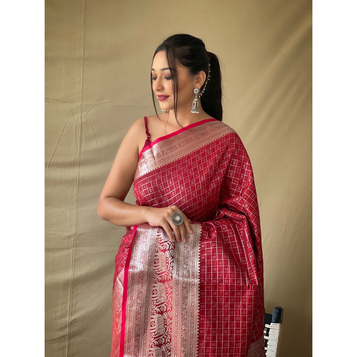 Khicha Checks Red Litchi Silk Handwork Saree