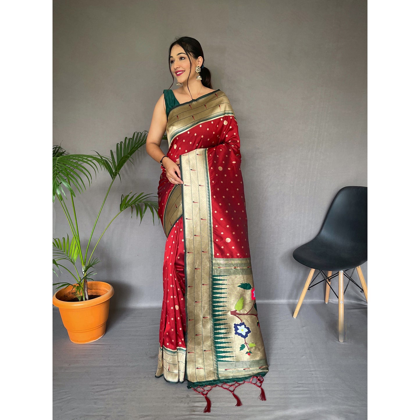 Polka Paithani Red Paithani Silk Handwork Saree