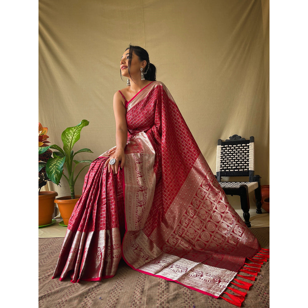 Khicha Checks Red Litchi Silk Handwork Saree