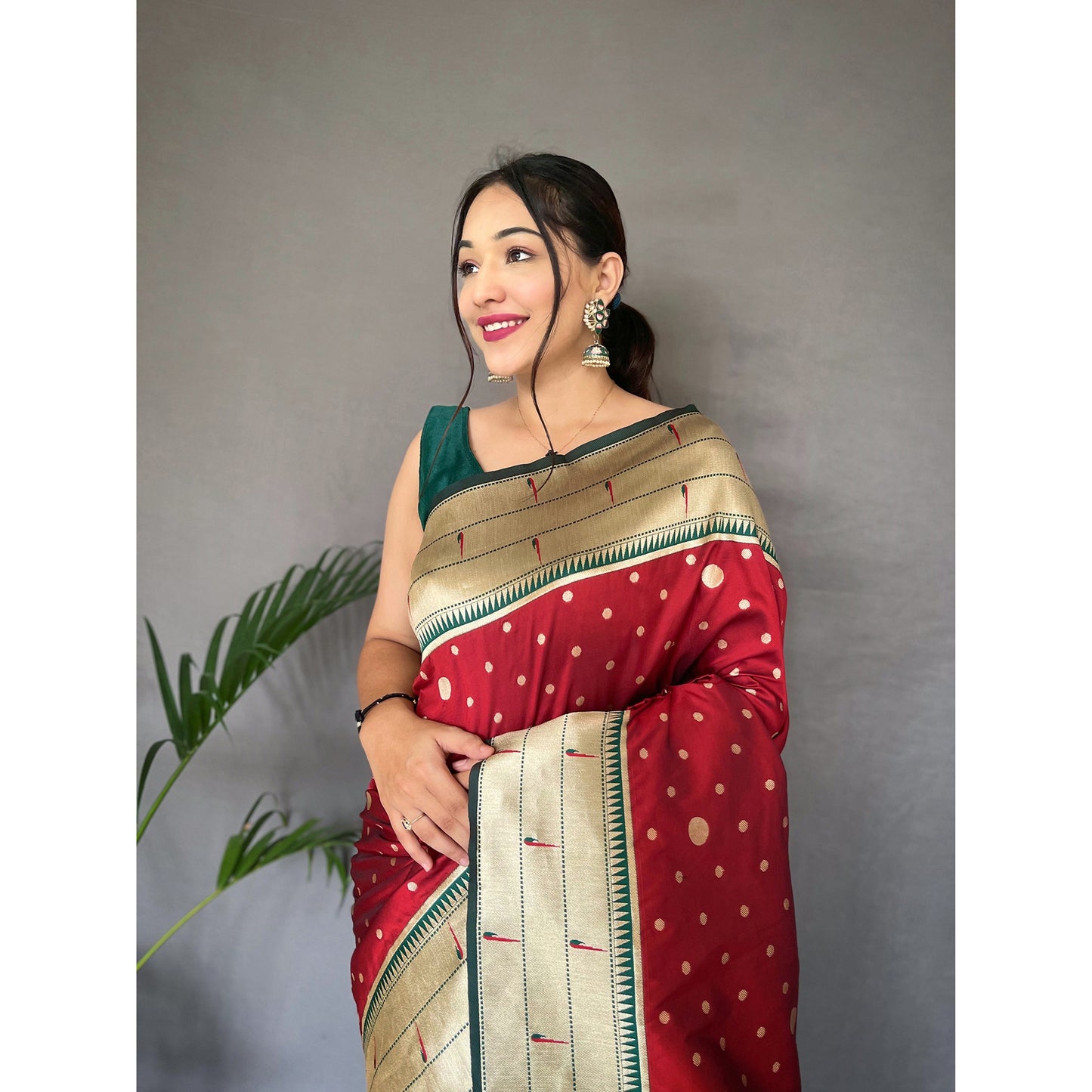 Polka Paithani Red Paithani Silk Handwork Saree