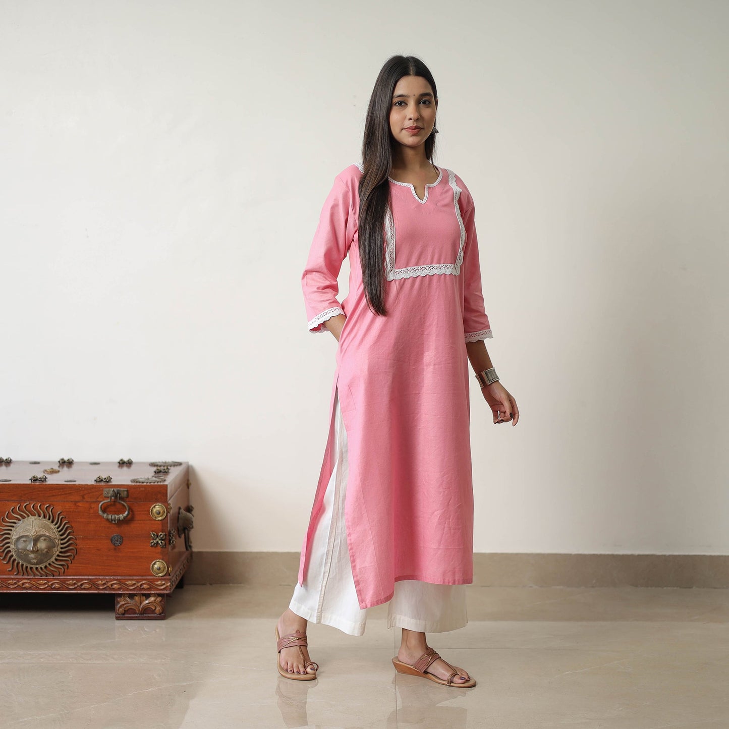  Rosie Pink Linen Cotton Plain Kurta with Lace Work