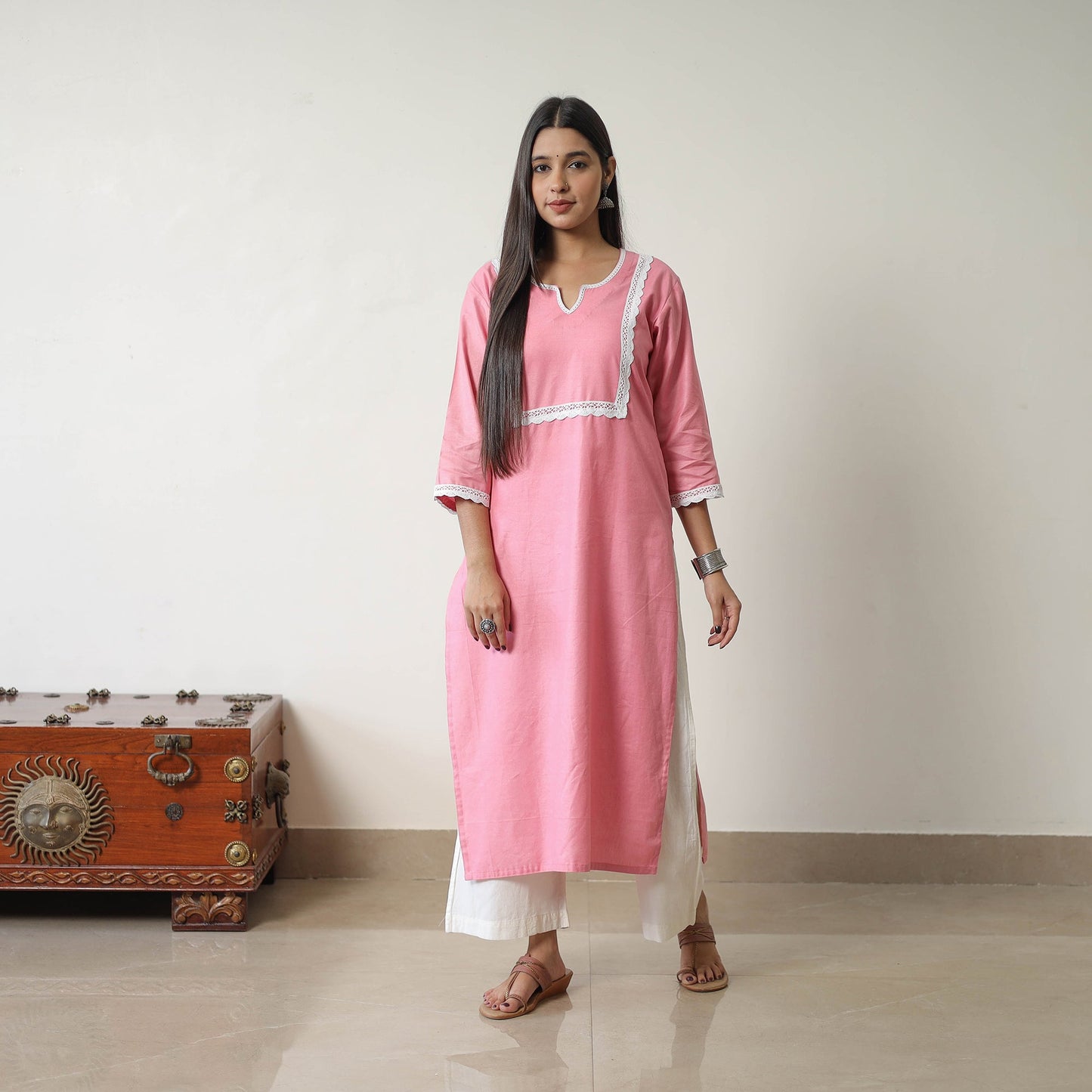  Rosie Pink Linen Cotton Plain Kurta with Lace Work