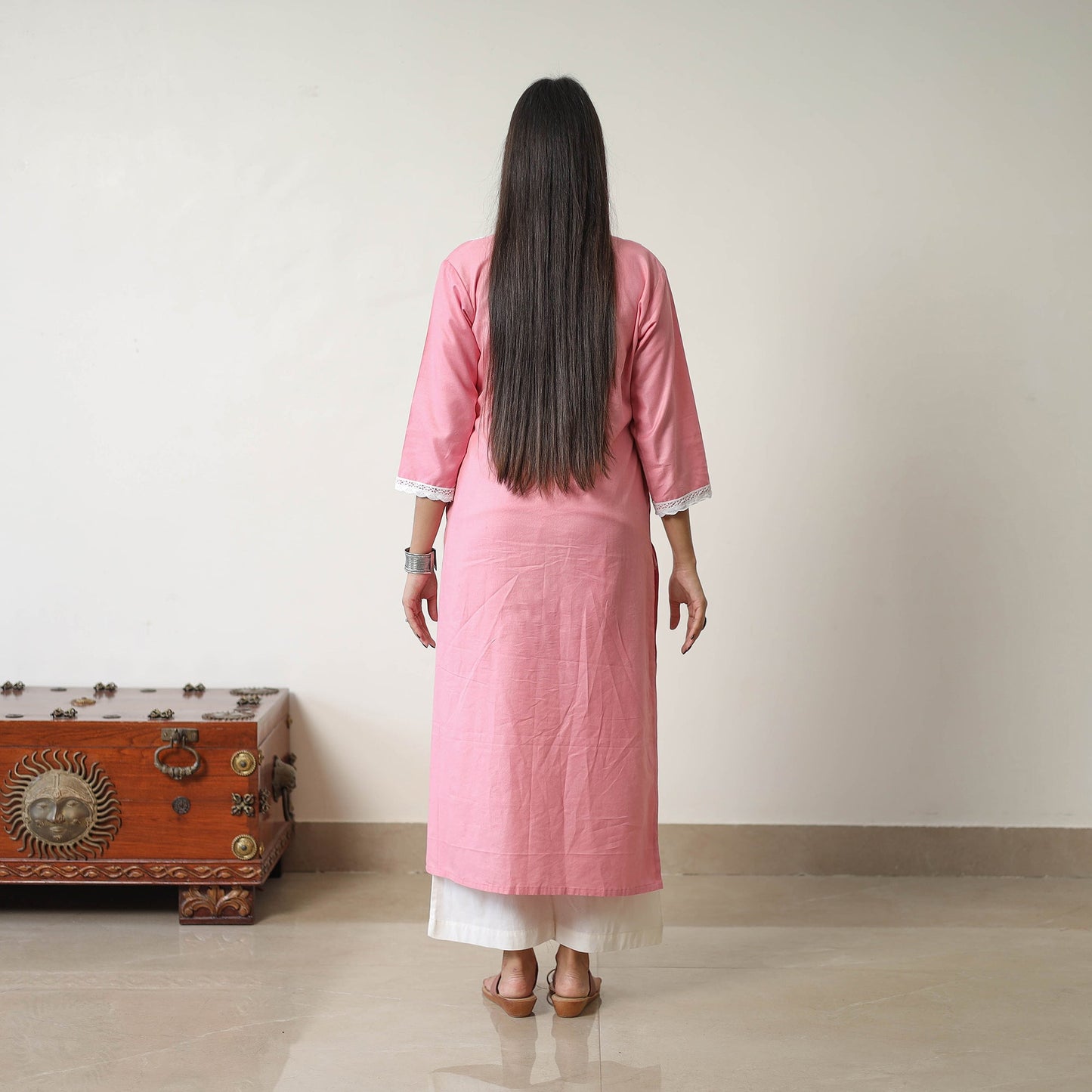  Rosie Pink Linen Cotton Plain Kurta with Lace Work