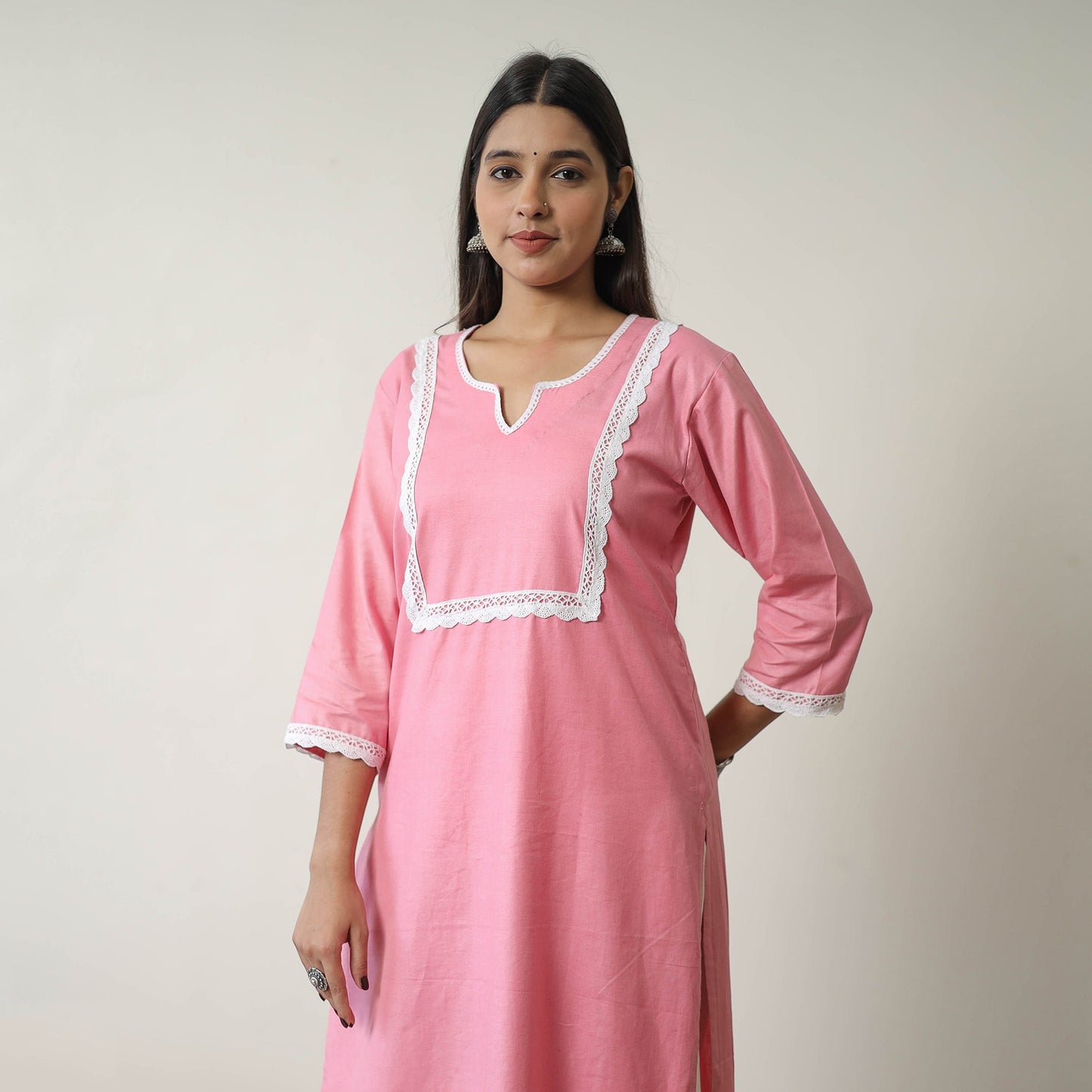  Rosie Pink Linen Cotton Plain Kurta with Lace Work