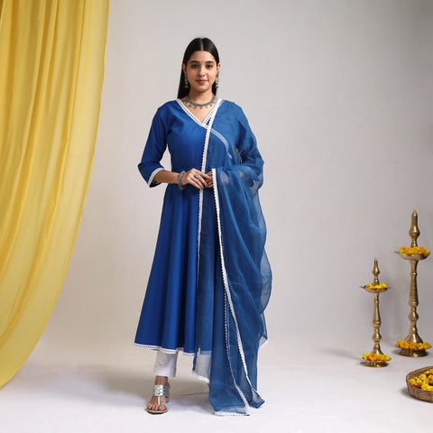 Lace Work Royal Blue Plain Cotton Anarkali Kurta with Dupatta Set
