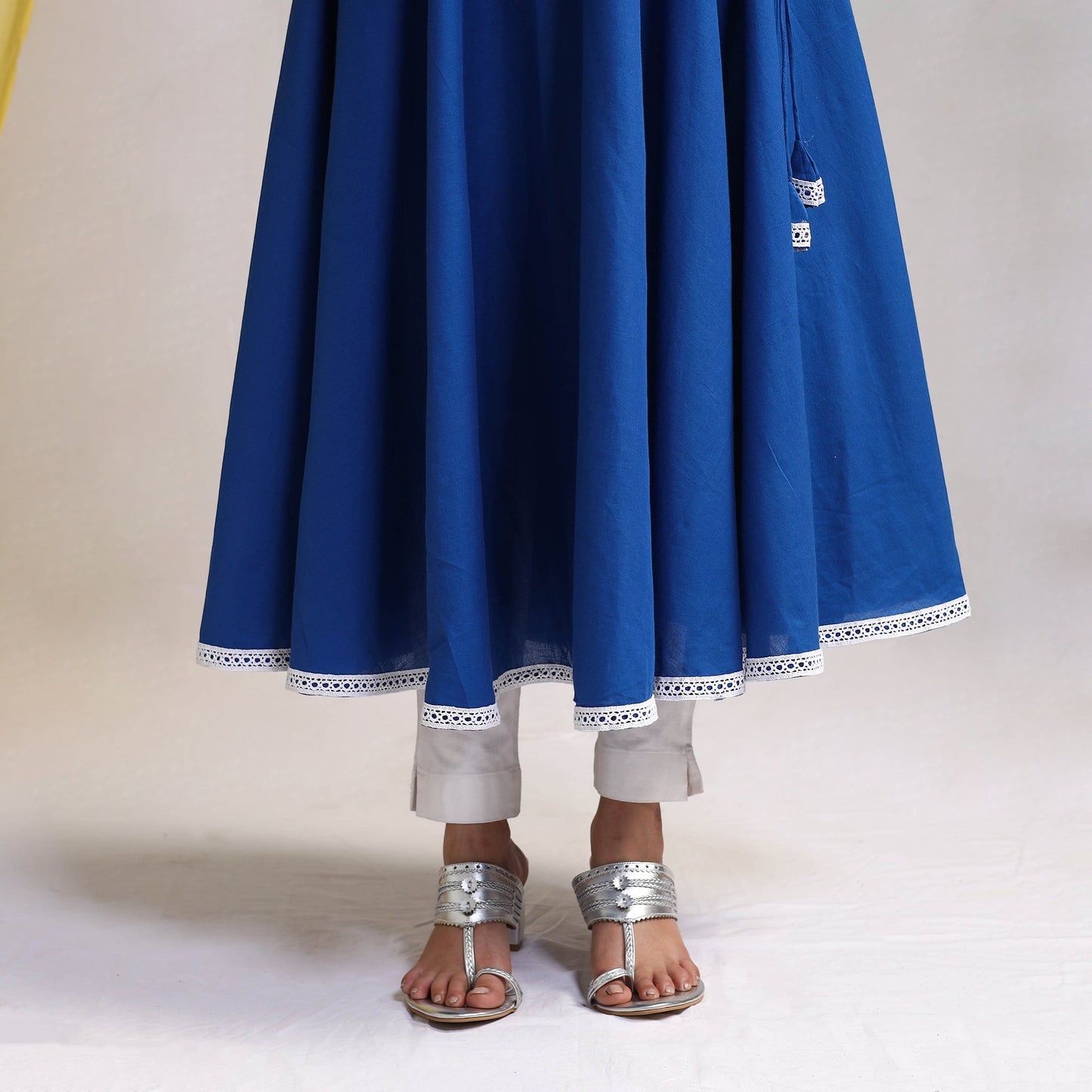 Lace Work Royal Blue Plain Cotton Anarkali Kurta with Dupatta Set