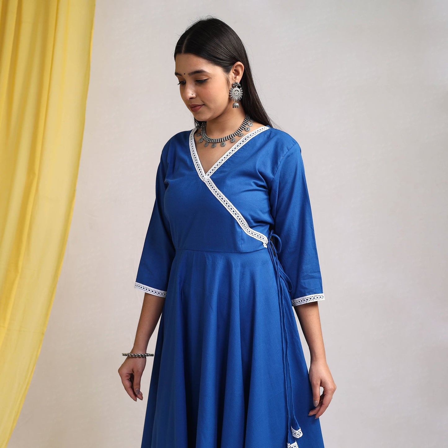 Lace Work Royal Blue Plain Cotton Anarkali Kurta with Dupatta Set