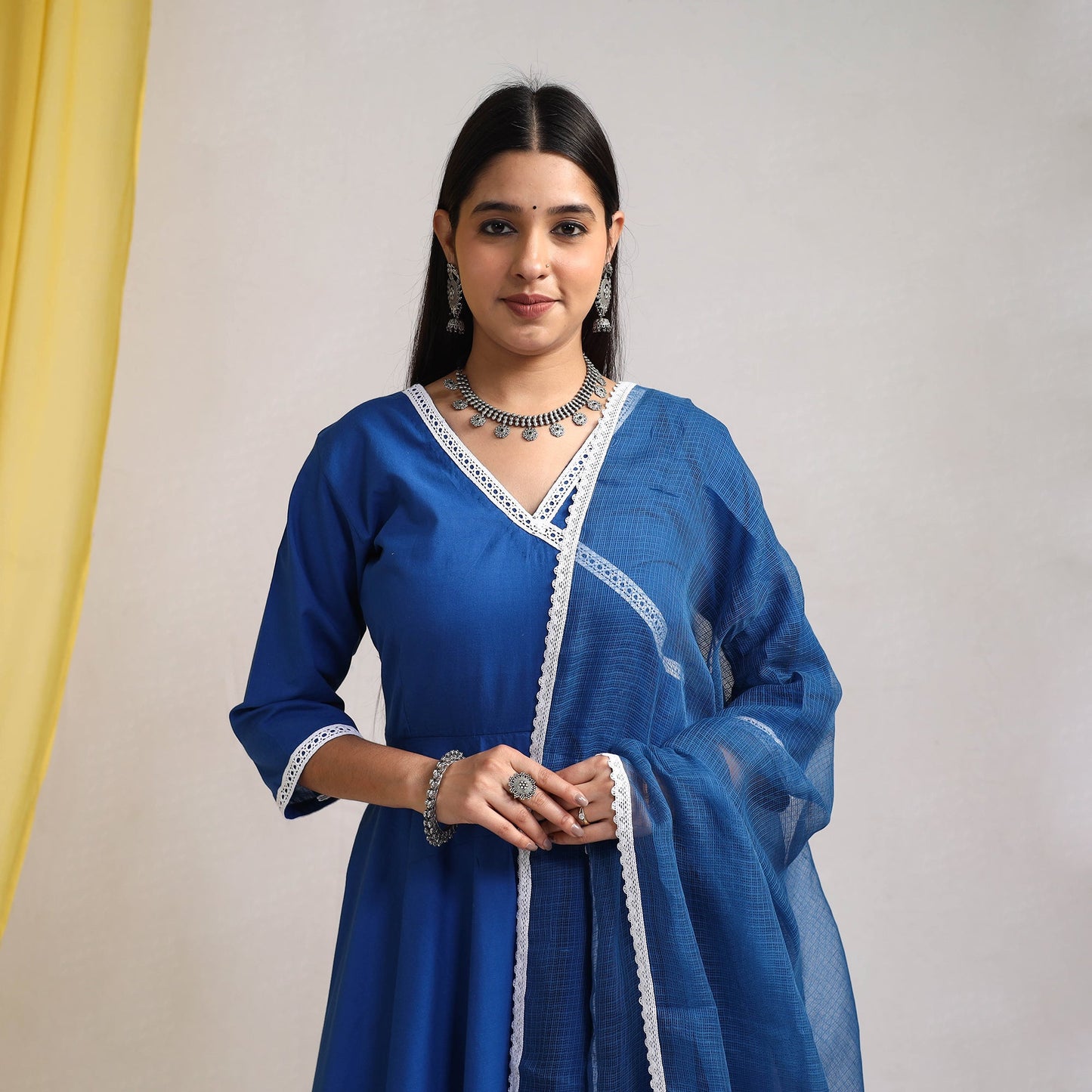 Lace Work Royal Blue Plain Cotton Anarkali Kurta with Dupatta Set