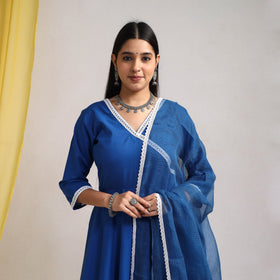 Lace Work Royal Blue Plain Cotton Anarkali Kurta with Dupatta Set