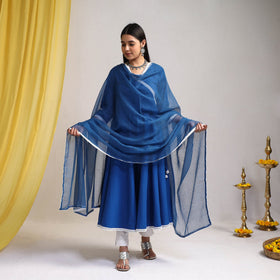 Lace Work Royal Blue Plain Cotton Anarkali Kurta with Dupatta Set