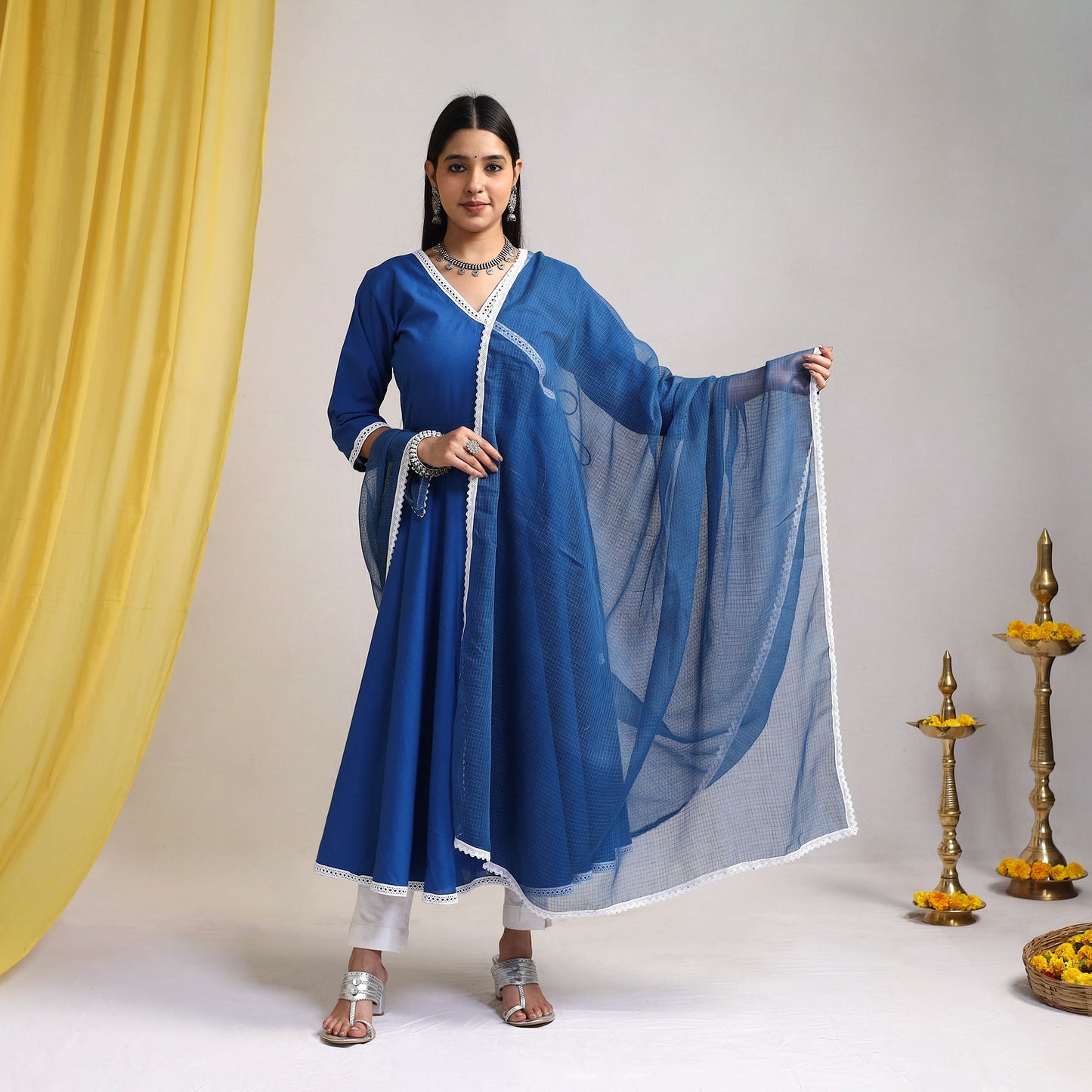 Lace Work Royal Blue Plain Cotton Anarkali Kurta with Dupatta Set