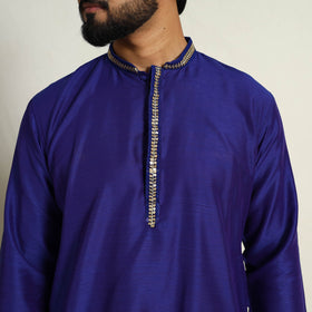 Royal Blue Slub Silk Kurta for Men with Detailed Neckline Work