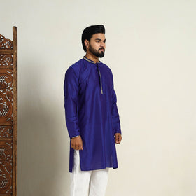 Royal Blue Slub Silk Kurta for Men with Detailed Neckline Work