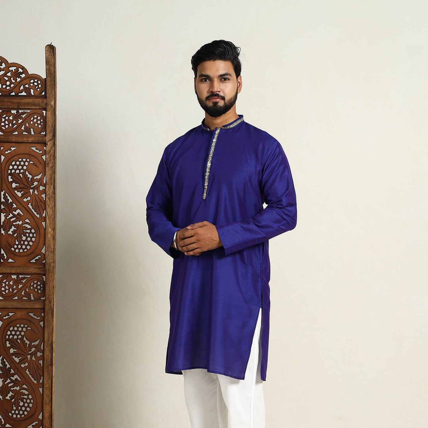 Royal Blue Slub Silk Kurta for Men with Detailed Neckline Work