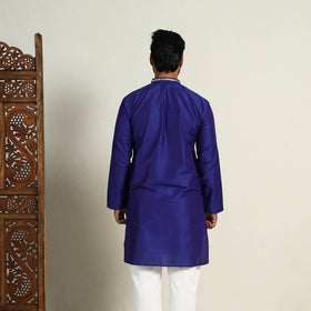Royal Blue Slub Silk Kurta for Men with Detailed Neckline Work