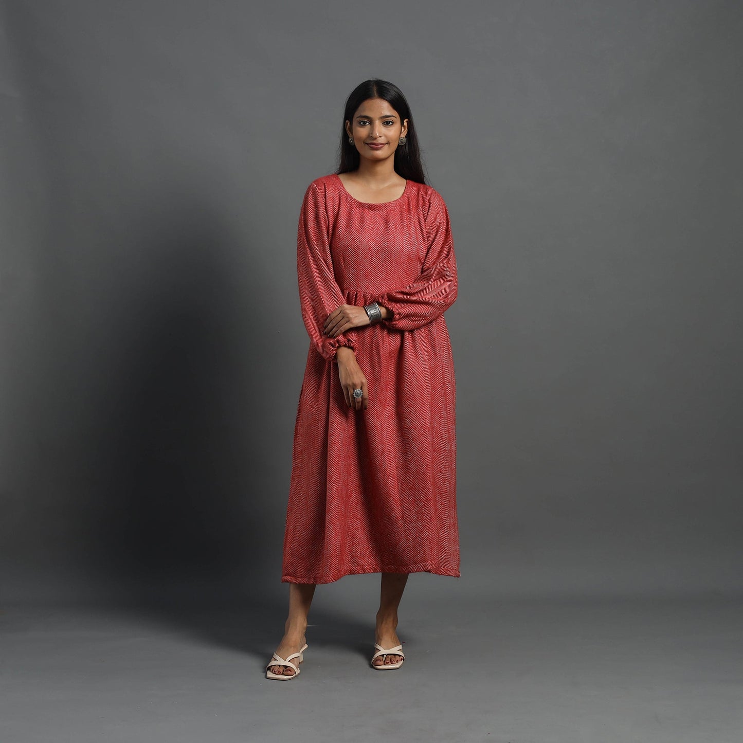  Ruhi Brick Red Plain Flared Woolen Dress 