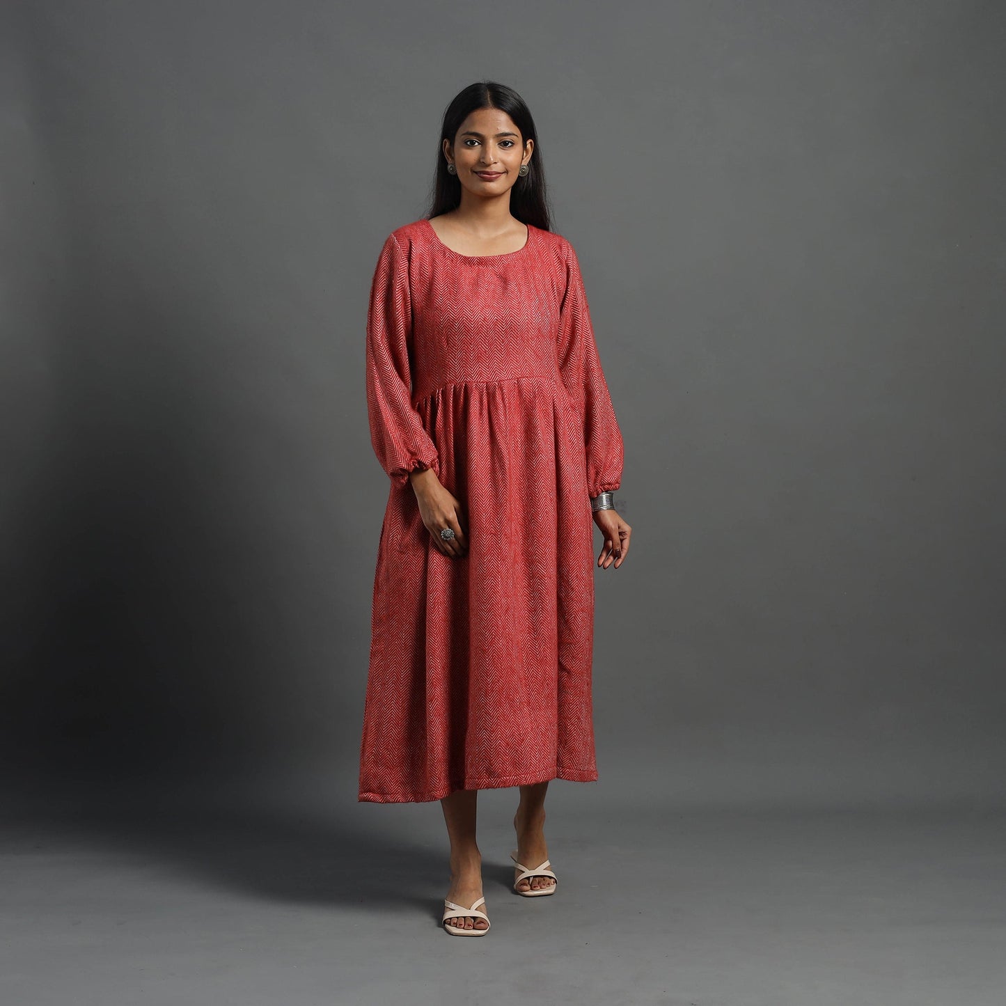  Ruhi Brick Red Plain Flared Woolen Dress 