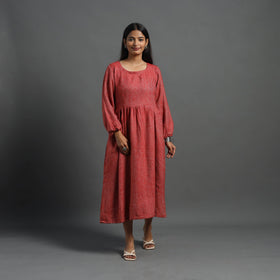  Ruhi Brick Red Plain Flared Woolen Dress 
