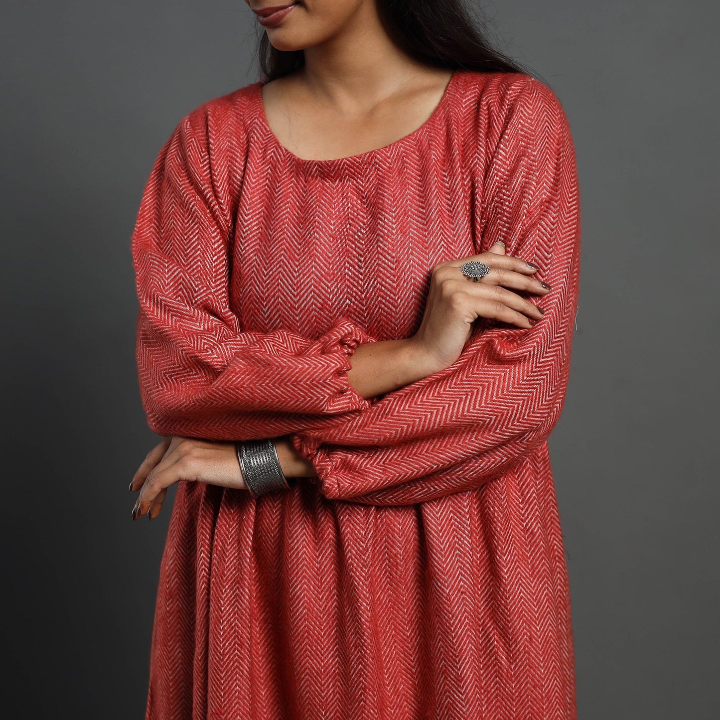  Ruhi Brick Red Plain Flared Woolen Dress 