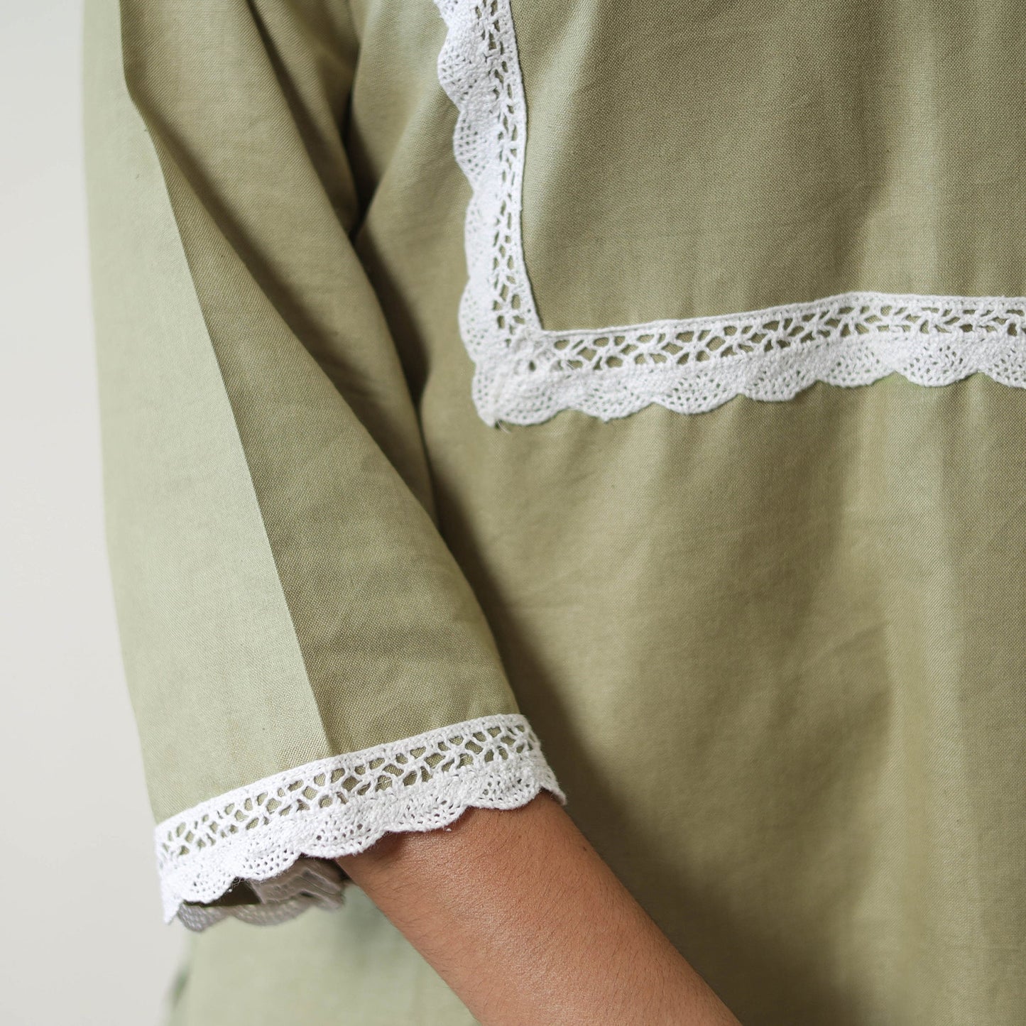  Ruhi Green Linen Cotton Plain Kurta with Lace Work